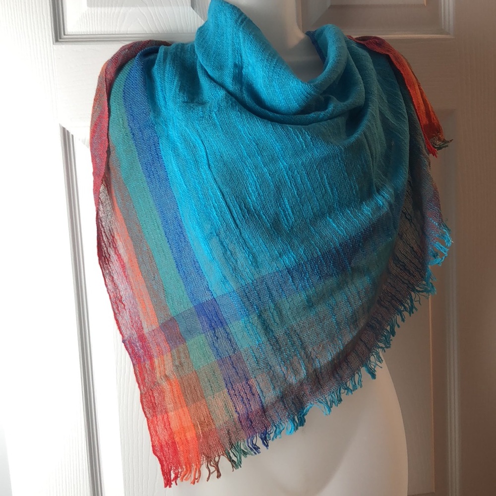 VTG Perry Ellis Cotton Fringed Plaid Multicolor Scarf Shawl Made in Ireland